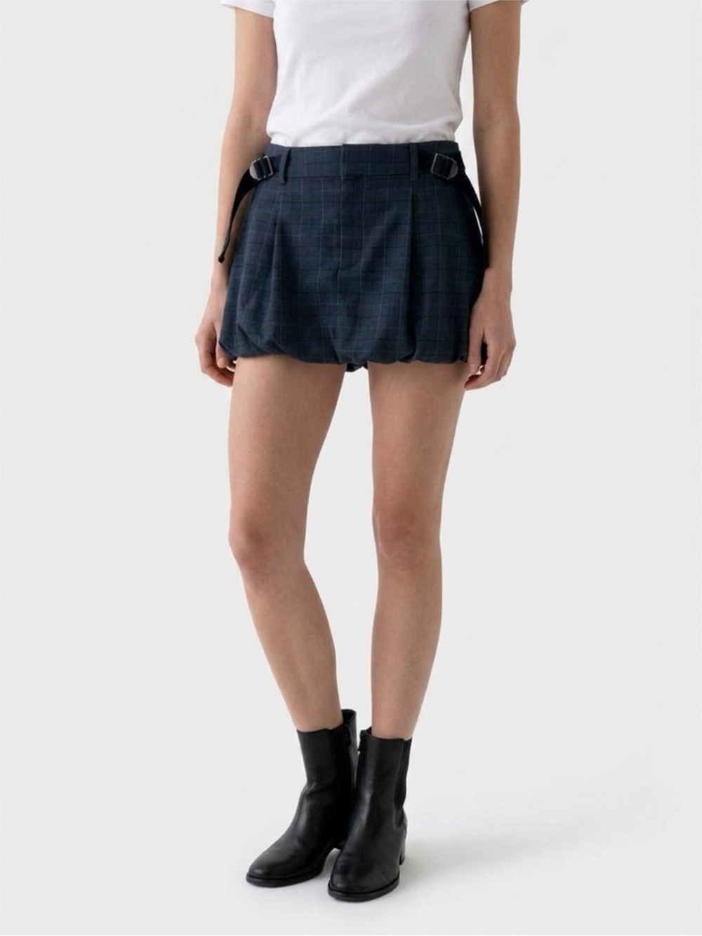 Free People Women's Size 4 Windowpane Navy Mini Skirt with Side Buckle Straps
